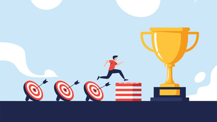 Naklejka premium Energetic person jumps over several red targets and obstacles towards a giant golden trophy representing the final career goal.