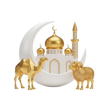 Golden mosque, crescent moon, camel, and ram 3 d isolated on a transparent background
