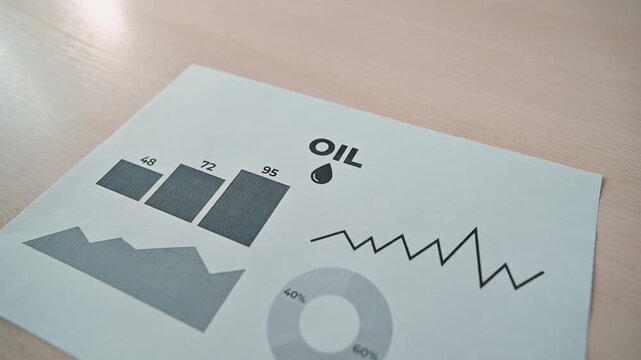 A hand points at various financial charts and graphs showing market trends on a table. The setting appears to be an indoor space focused on investment analysis and data presentation