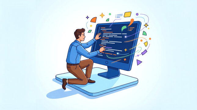 Software developer coding on large digital interface screen vector illustration for programming and technology concepts