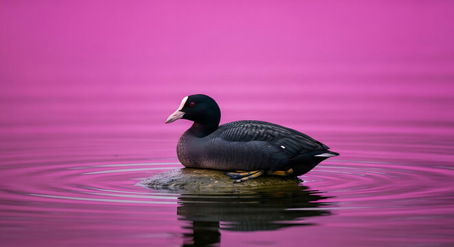 Black coot bird with white beak and red eyes floats on smooth pink water, its reflection visible, tranquil nature scene
