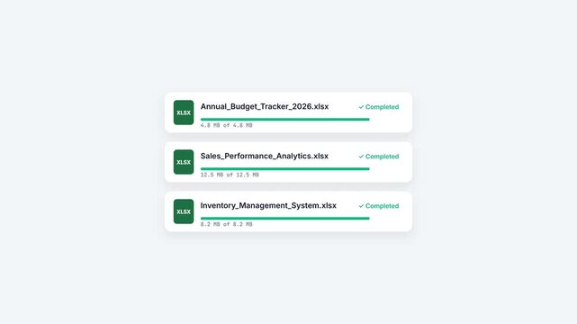 Multiple XLSX Files Upload Progress Animation on Clean Interface for Corporate Data Management Concept