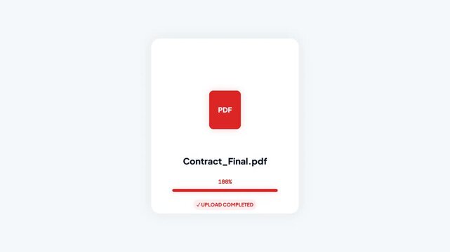 Digital File Upload Progress Animation of PDF Document with Loading Bar and Completed Status on White Background