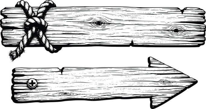 Wooden Signpost Vector Illustration with Rope and Arrow