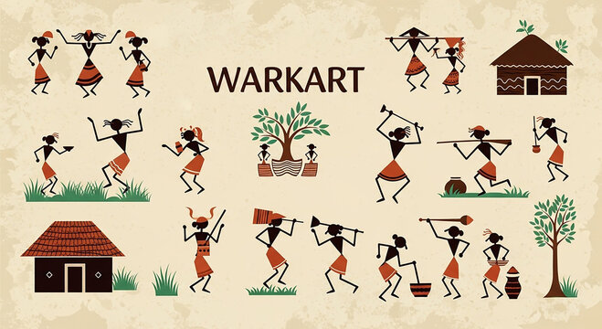 Warli art digital collection featuring traditional Indian tribal stick figure illustrations, depicting daily life scenes such as dancing, farming, hunting, and village activities, minimal folk art.