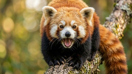 Obraz premium A red panda playfully perches on a tree branch in a lush forest