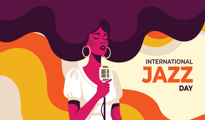 International Jazz Day Illustration with Beautiful Female Singer and Retro Microphone Vector  © ALPHA 2.0