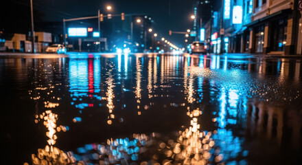 Obraz premium Flooded city intersection at night with illuminated buildings reflecting 