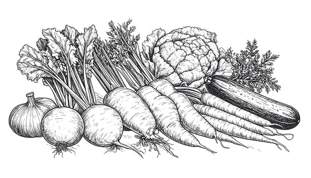 Detailed Monochrome Illustration of Freshly Harvested Vegetables.