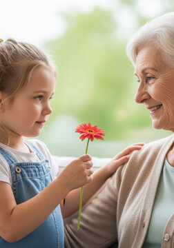 Young girl presenting flower to grandmother, smiling indoors with greenery  