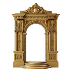 Obraz premium Ornate baroque gold archway with pedestal steps isolated on a transparent background