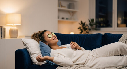 Obraz premium Woman relaxing on couch with cucumber eye mask and skincare cream, cozy nighttime self care routine at home, copy space