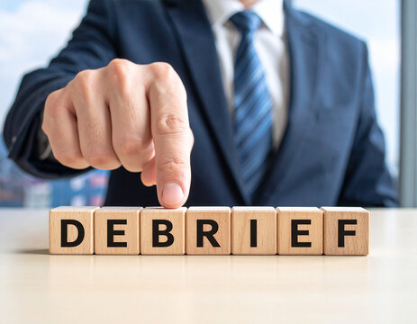 Debrief - Geschäftsmann zeigt mit dem Finger auf das Wort "Debrief"