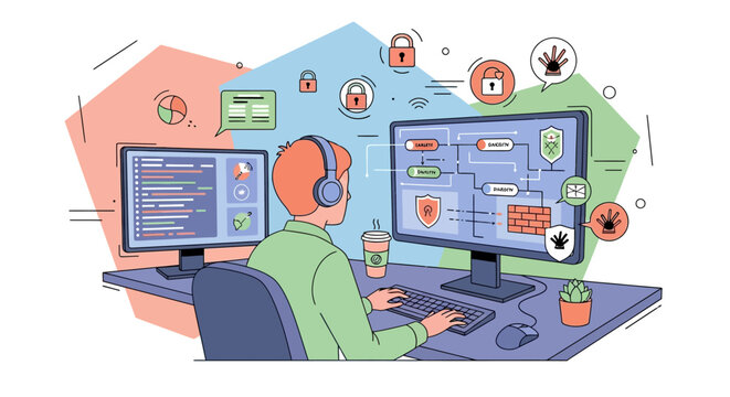 programmer working on code with multiple screens and gadgets