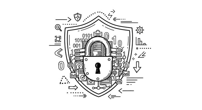 Cybersecurity shield with lock and icons