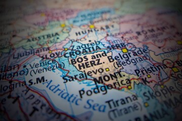 Naklejka premium Map of Bosnia and Herzegovina with round vignette. Selective focus on label, close-up view