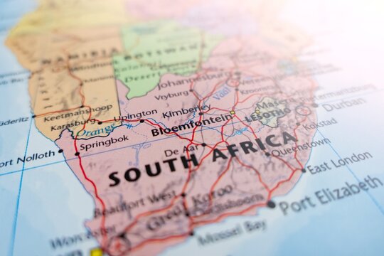 Map of Bloemfontein with flare from top right corner. Selective focus on label, close-up view