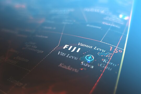Map of Fiji styled in cyber blue colors. Selective focus on label, close-up view