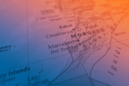 Map of Marrakesh made in orange and blue gradient. Selective focus on label, close-up view