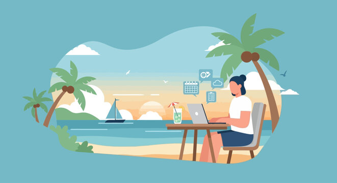 Remote worker on tropical beach with laptop