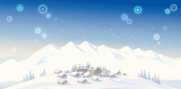 Winter mountain landscape with cozy country houses and a chalet-style hotel complex at a ski resort. Raster illustration.