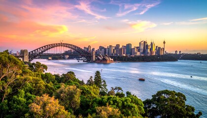Naklejka premium Sydney Harbour Bridge at Sunset - A Scenic View.