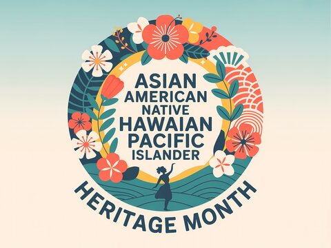 Asian american native hawaiian pacific islander heritage month celebration design with floral wreath and hula dancer silhouette