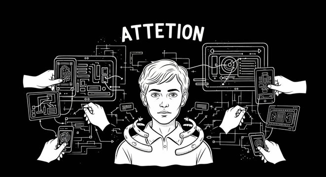 Distracted young man overwhelmed by technology and multitasking