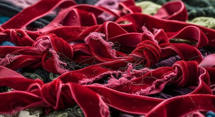 Naklejka premium Close-up view of crushed crimson velvet ribbons with frayed edges and tangled textures