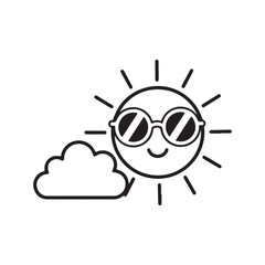 Naklejka premium Fun, smiling sun icon with sunglasses and cloud, black line art vector