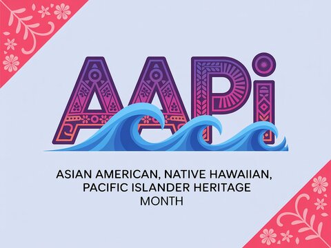 Aapi heritage month typography design with floral patterns and ocean waves