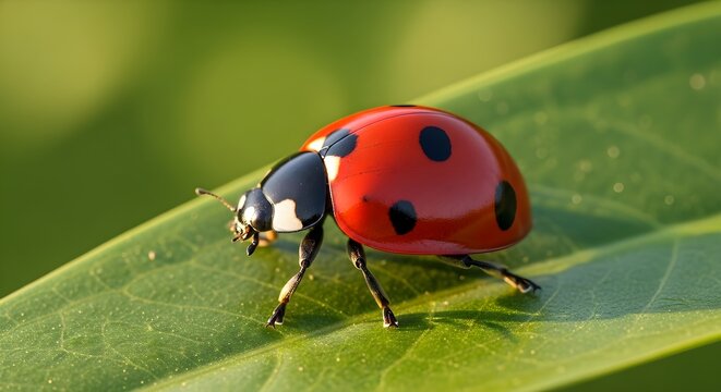 Detailed macro view of a glossy scarlet ladybug with black spots resting on a green leaf in nature