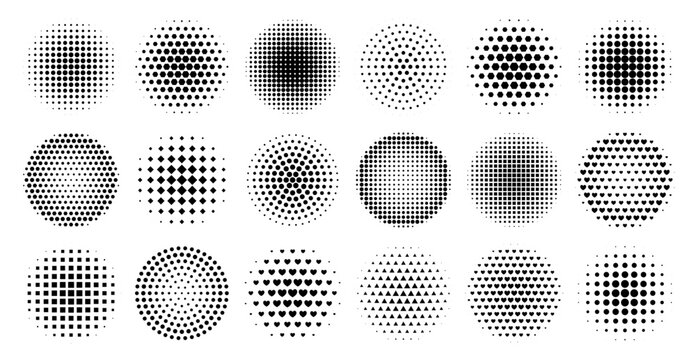 Halftone dot gradient circles with smooth tonal transitions. Vector abstract pattern background featuring geometric round shapes in radial fade effect design.