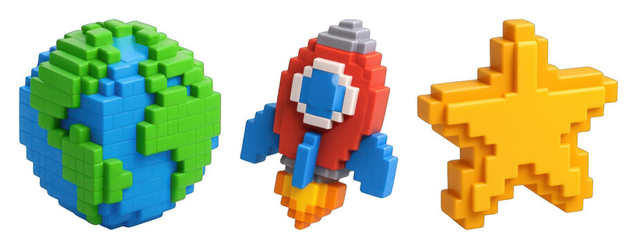 PNG Pixelated 3D icons vibrant colors on transparent background