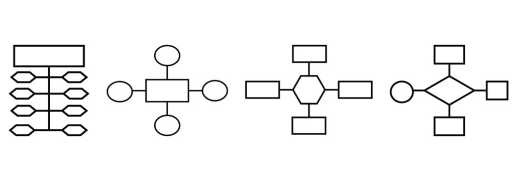 Flowchart diagram. Workflow flow charts, business structural infographics. Organizational structure diagram, depicting a hierarchical process with boxes, circles, and a triangle connected by lines.