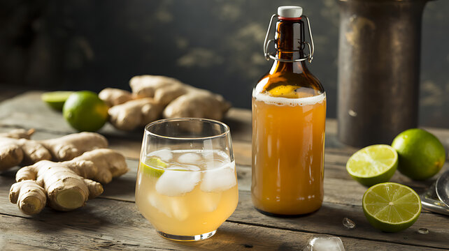 Fresh ginger beer in swing top bottle with glass of drink and limes on weathered wooden surface.