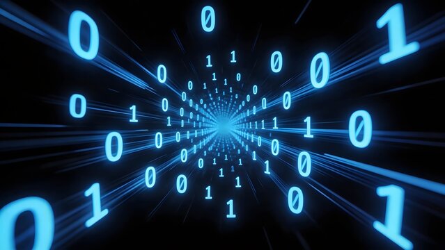 Binary code tunnel with glowing numbers