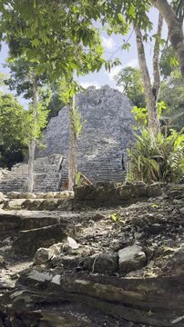Ancient mayan pyramid ruins at cob&aacute; archaeological site in mexico. Cob&aacute;