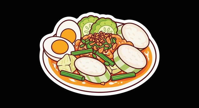 Delicious Southeast Asian Nasi Lemak Dish with Hard-Boiled Eggs, Cucumber Slices, and Rice Cakes, Garnished with Peanuts and Chili Paste