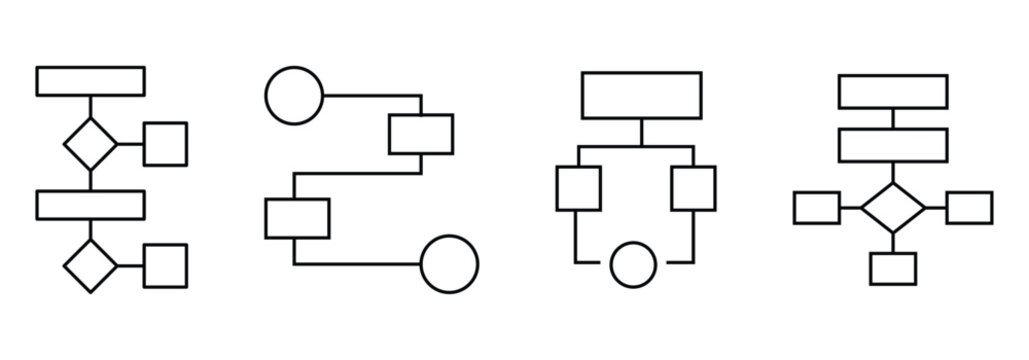 Workflow icons set. Includes process, steps, automation, tasks, and flowchart symbols. Structural flow diagrams, flowcharts and flowing process structures. Vector infographics elements.