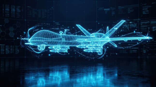 Military drone wireframe digital hud interface with glowing blue particles and data analysis screens on dark background for futuristic defense surveillance and autonomous aviation technology