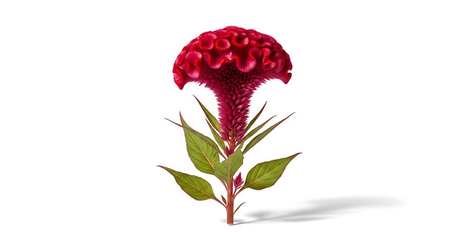 Celosia cristata flower, also known as cockscomb, vibrant red bloom with ruffled petals and green serrated leaves, isolated on a clean white background with soft shadow