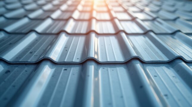 Close-up view of corrugated metal roofing sheets with a reflective surface 
