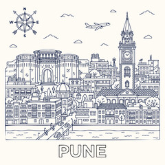 Obraz premium Pune city skyline sketch with famous landmarks and compass