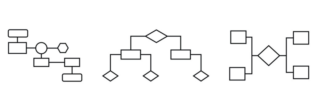 Workflow icons set. Includes process, steps, automation, tasks, and flowchart symbols. Structural flow diagrams, flowcharts and flowing process structures. Vector infographics elements.