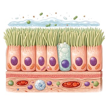Microscopic view of intestinal villi and goblet cells in the digestive system with mucus layer and bacteria.