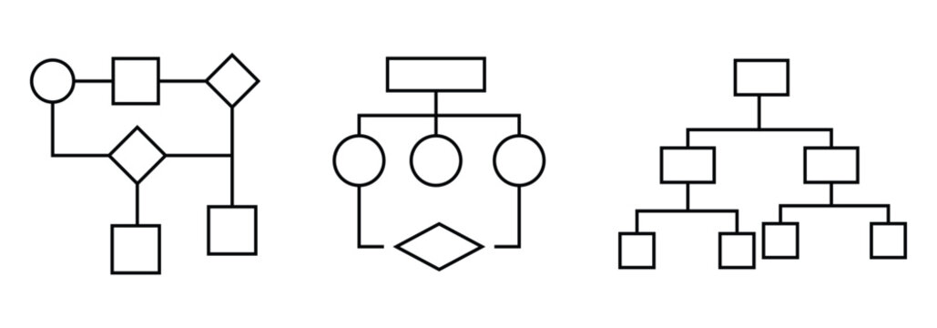 Workflow icons set. Includes process, steps, automation, tasks, and flowchart symbols. Structural flow diagrams, flowcharts and flowing process structures. Vector infographics elements.