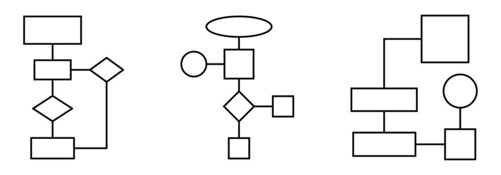 Workflow icons set. Includes process, steps, automation, tasks, and flowchart symbols. Structural flow diagrams, flowcharts and flowing process structures. Vector infographics elements.