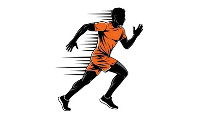 Obraz premium Silhouette of a male runner, orange attire, speed lines, white background, dynamic pose