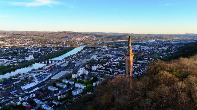 Saint Mary column at the Pulsberg in Trier, Germany, statue overviewing the Moselle valley, the roman city and the Mosel river, rhineland palatinate